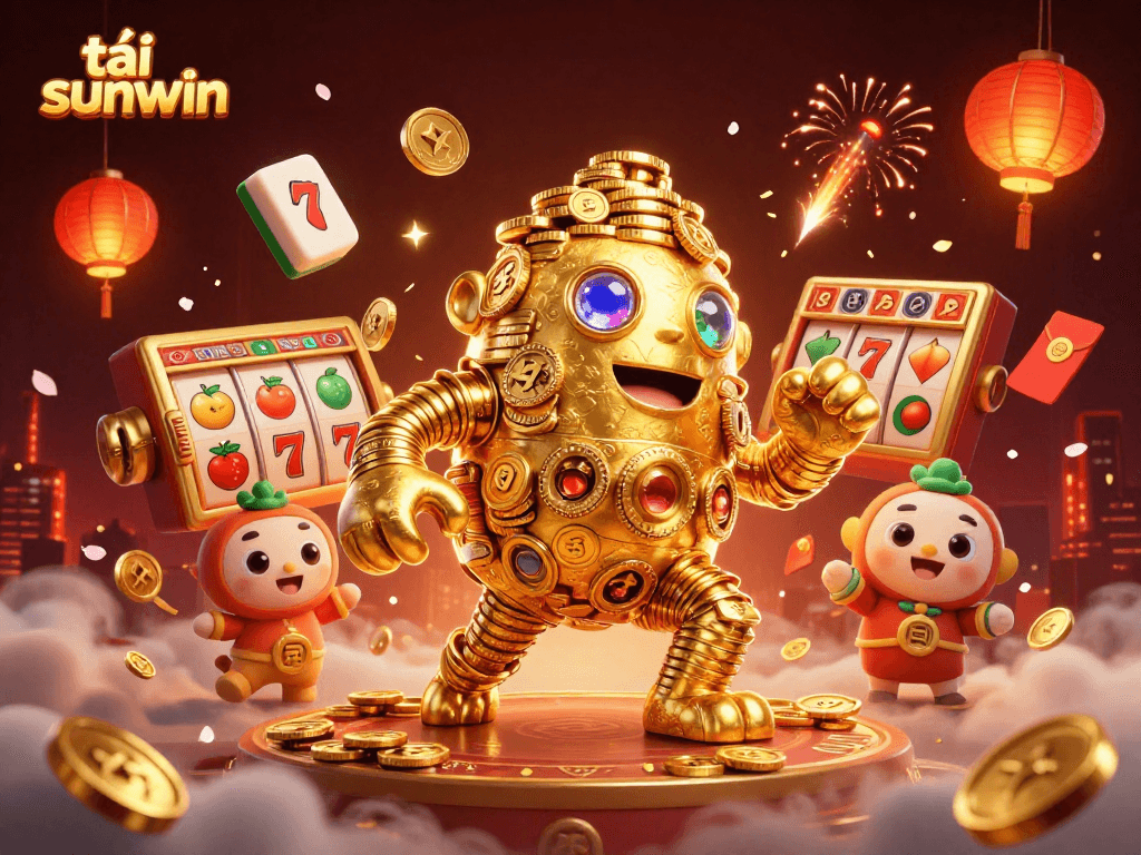 Play slots and win big with tải sunwin in this vibrant 3D casino illustration featuring golden golems and luck.