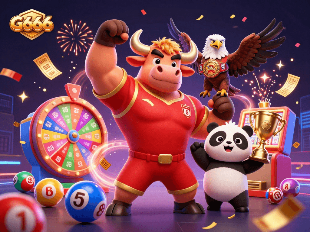 Win big with G666 in this vibrant casino scene featuring dynamic characters and exciting gaming elements.