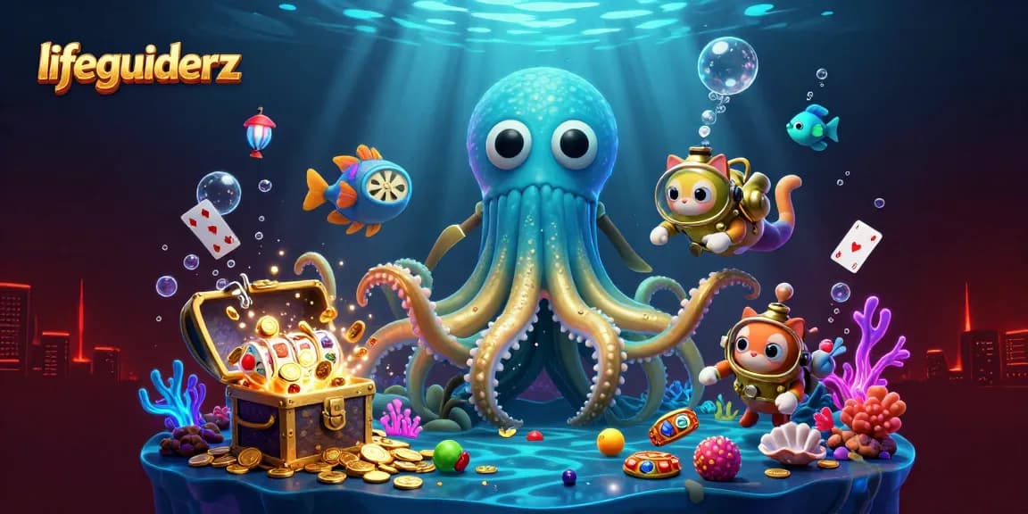Engaging lifeguiderz illustration of a kraken and diving cat in a vibrant casino-themed underwater scene.