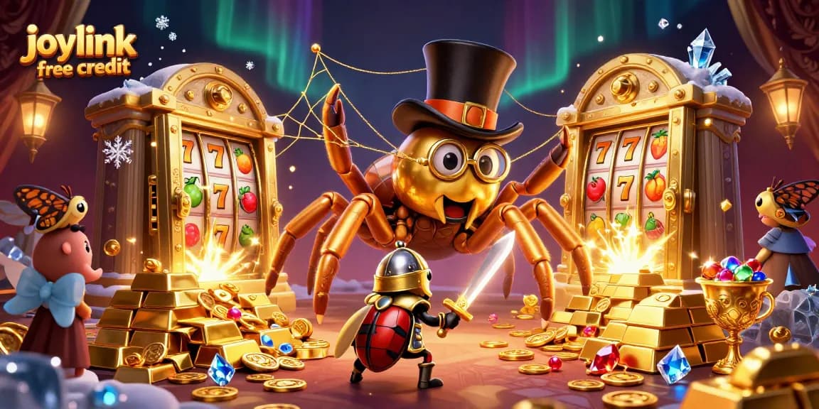 Play with joylink free credit at a vibrant casino scene filled with gold and rich visuals.