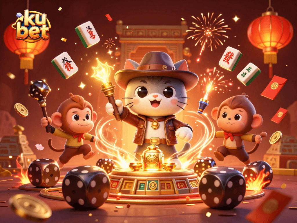 Engage with ku bet strategies through a cat explorer and monkey in a vibrant casino adventure.