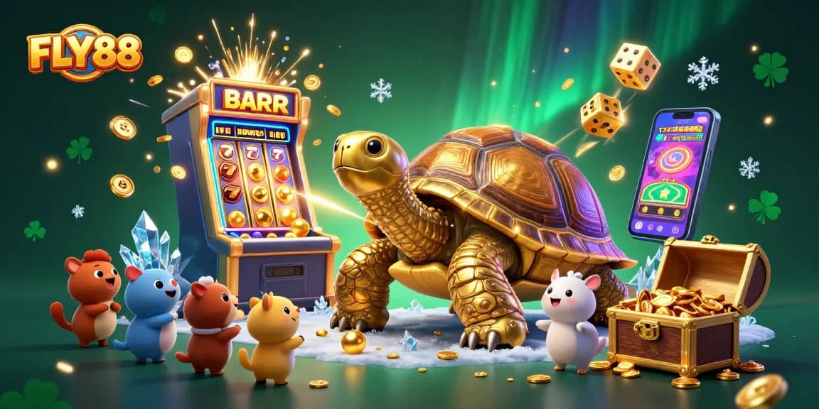Experience the thrilling journey at FLY88 with a golden tortoise pinball machine, vibrant casino games, and winning excitement!