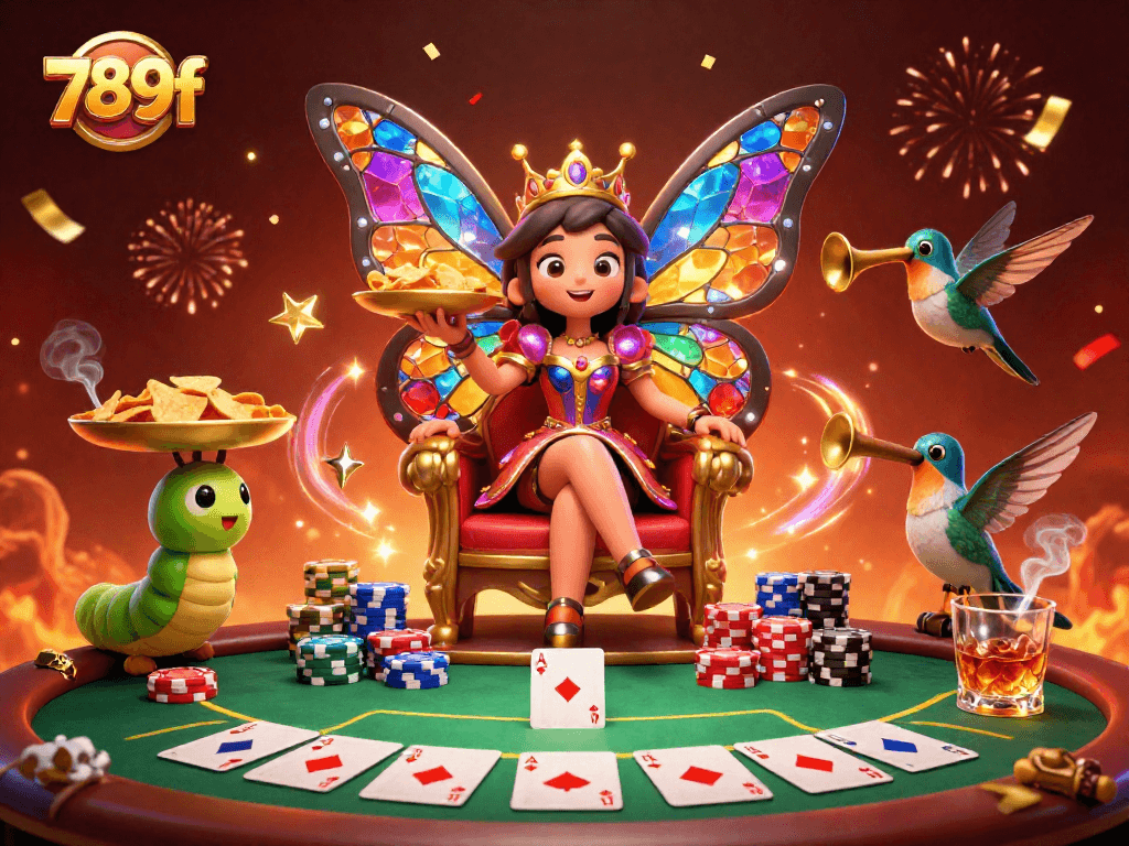 Experience the thrilling action of 789f with a vibrant casino scene featuring a butterfly queen and colorful poker elements.