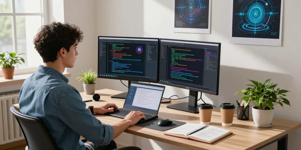 Spotlight on crush ai development in a vibrant tech workspace with dual screens displaying complex algorithms and design tools.