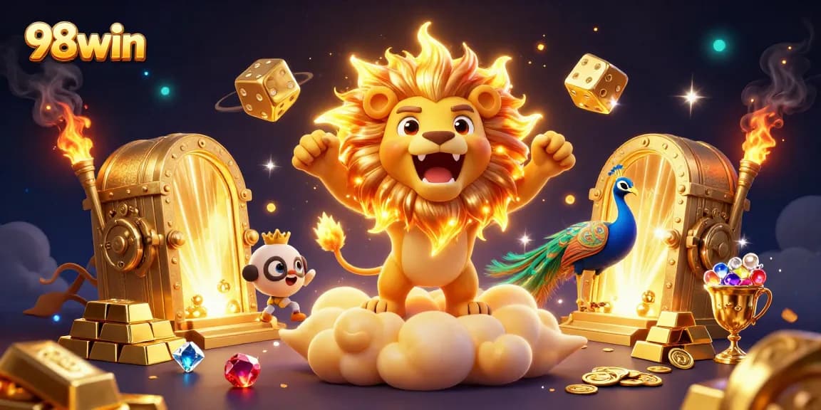 Play at 98win and win big with vibrant casino-themed 3D illustrations full of excitement.