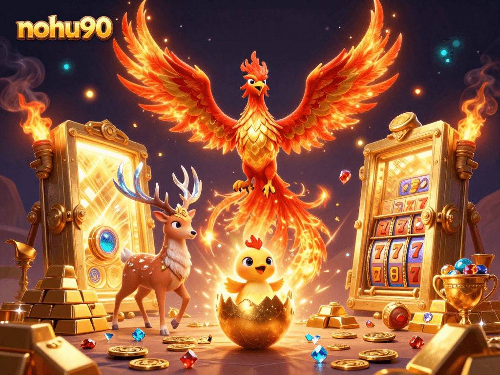 Experience the magic of nohu90 with a vibrant casino scene featuring a phoenix and treasures.