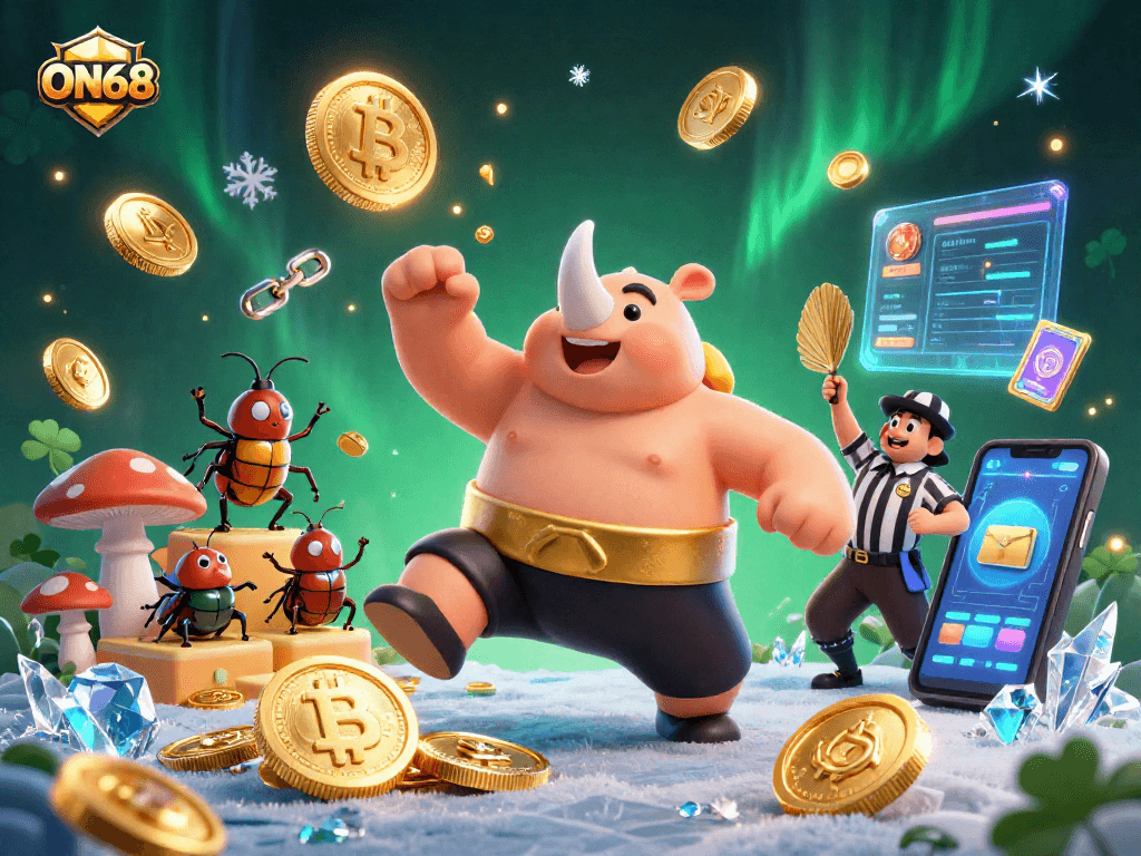 Engage in thrilling bets at ON68 with cartoon beetles in a dynamic casino scene.