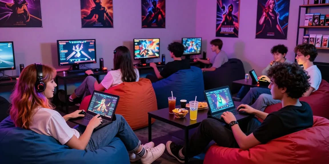 Group of friends enjoying xxx games in a vibrant gaming lounge atmosphere