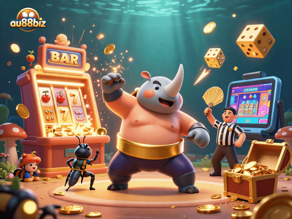 Join the excitement of au88biz with a vibrant jackpot scene showcasing animated champions in a thrilling casino atmosphere.