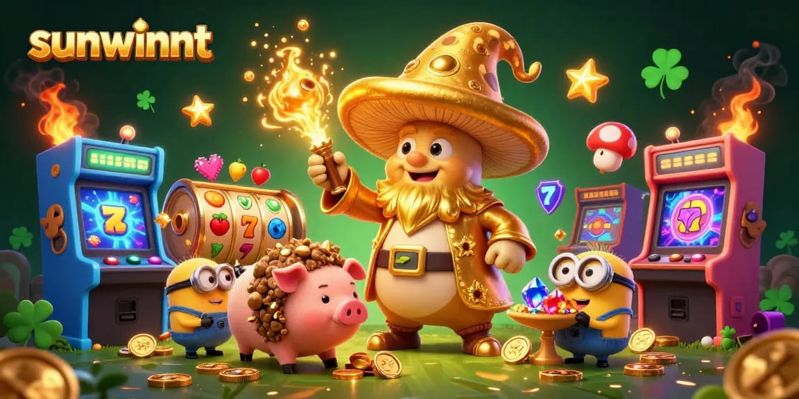 Engage with sunwinnt's golden wizard and treasure hunt dynamics in this vibrant casino-themed illustration.