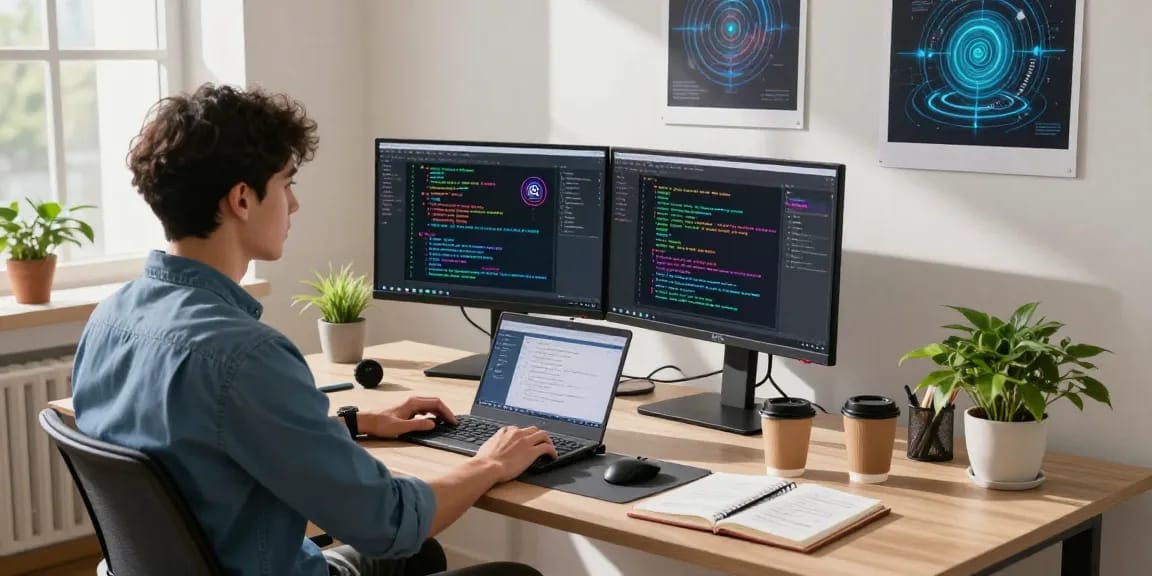 Spotlight on crush ai development in a vibrant tech workspace with dual screens displaying complex algorithms and design tools.