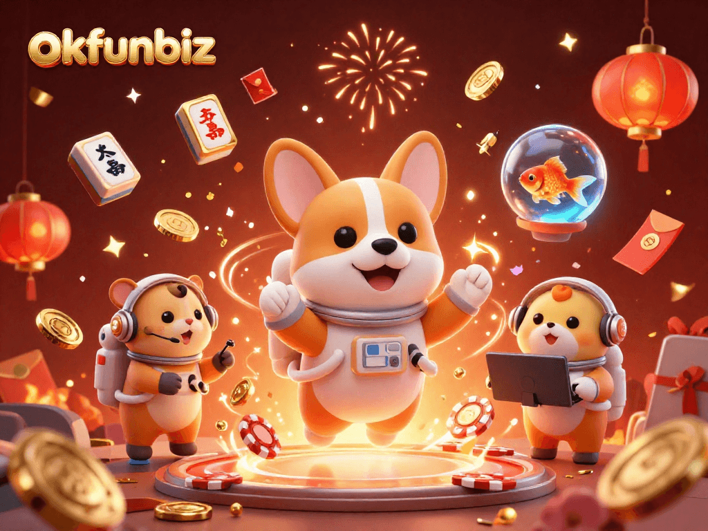Experience the thrill at okfunbiz casino with gaming elements and festive visuals.