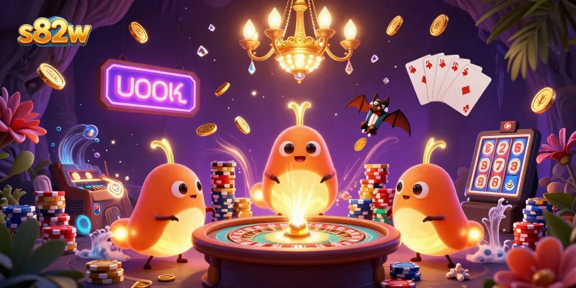 Experience the excitement of s82w's cave casino with vibrant glowworms lighting the scene.