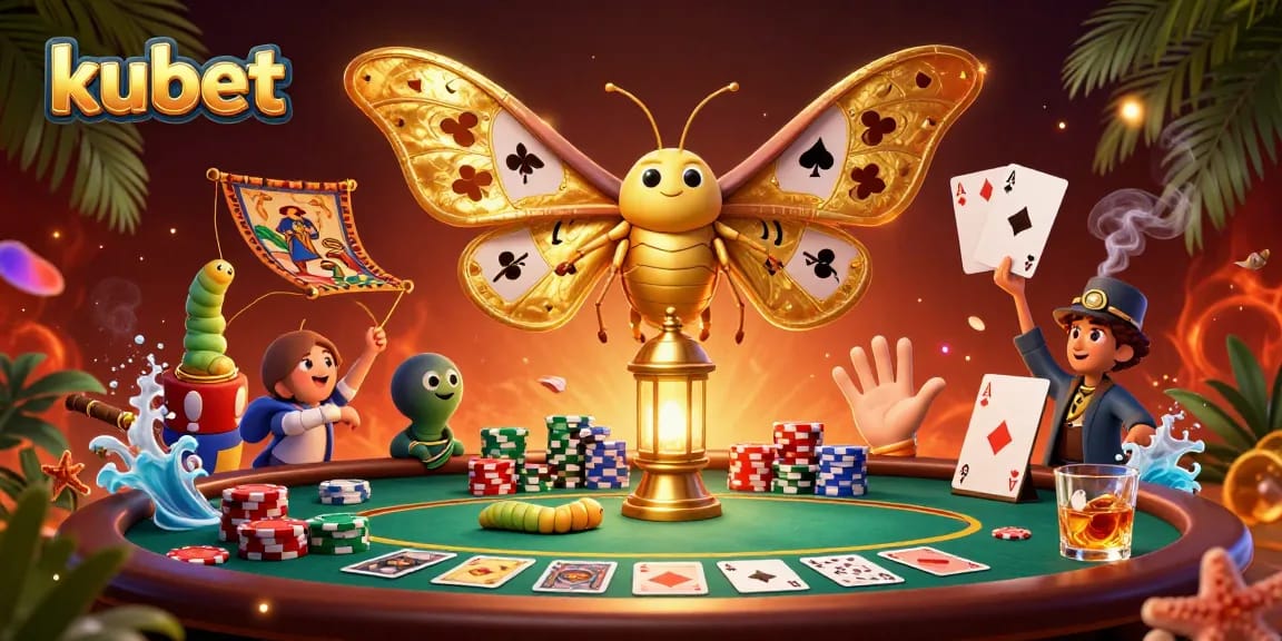 Kubet card-themed casino illustration with vibrant poker elements and golden moth characters.