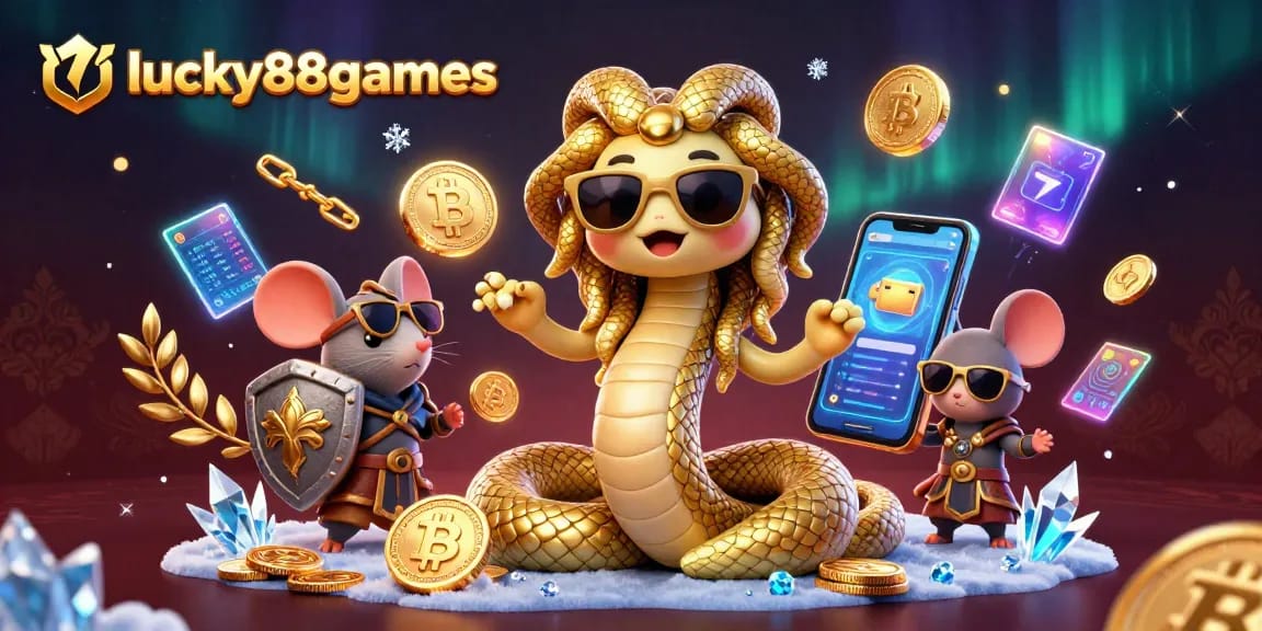 Experience lucky88games with a cute Medusa in a lively casino scene surrounded by crypto treasures.