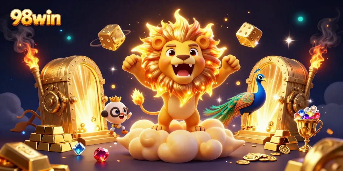 Play at 98win and win big with vibrant casino-themed 3D illustrations full of excitement.