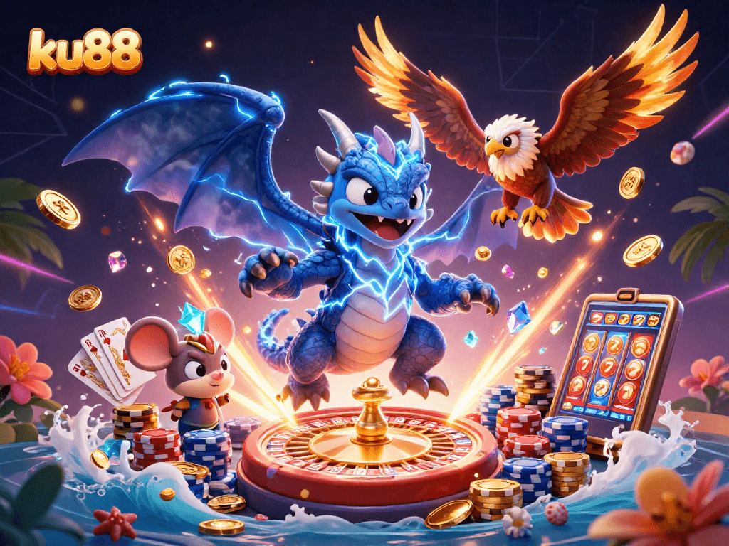 ku88 showcases a thrilling 3D casino scene with vibrant characters and dynamic gambling elements.