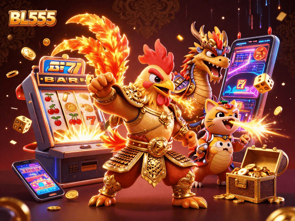 Experience the excitement of BL555 with a dynamic scene of a rooster warrior and dragon at play.
