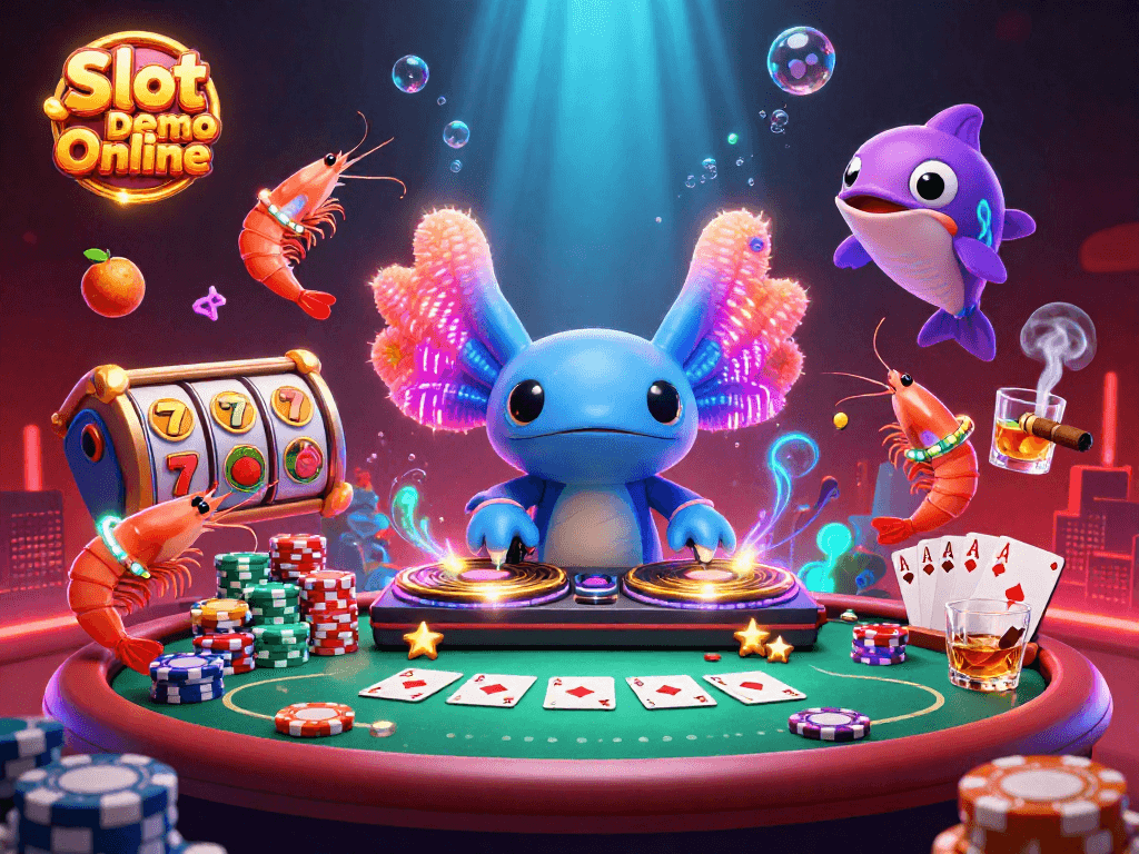 Experience thrilling Slot Demo Online gaming with a vibrant underwater casino scene, featuring an axolotl DJ.