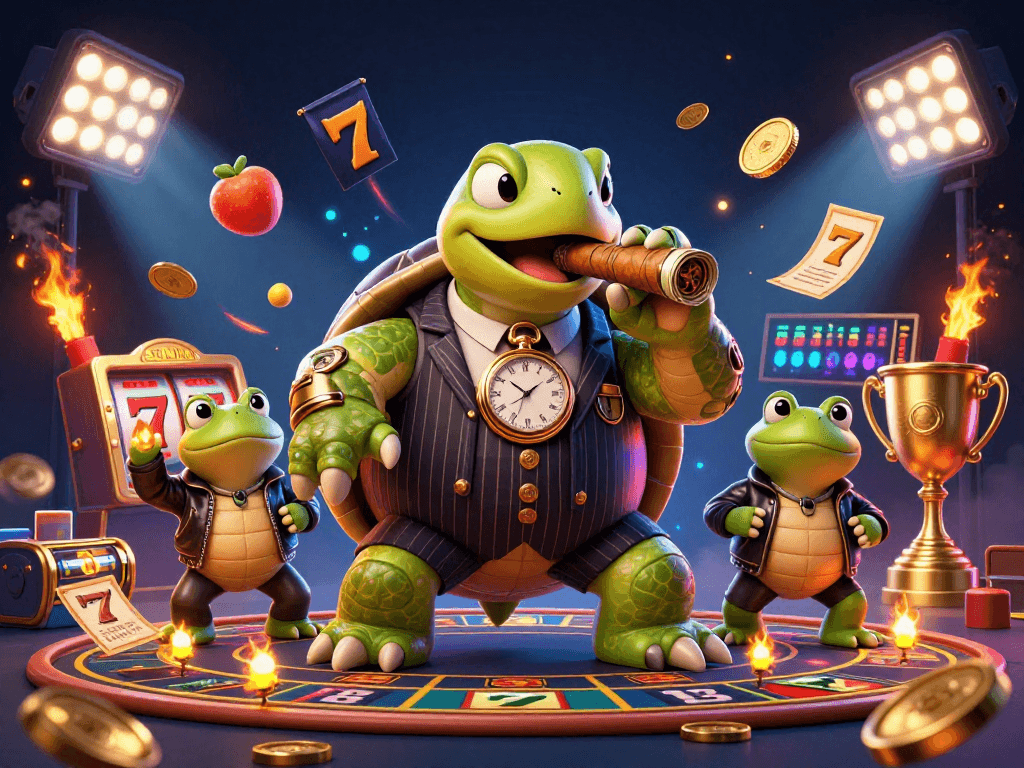SUNWIN offers a thrilling online slots experience with giant turtle mobsters and casino lights.