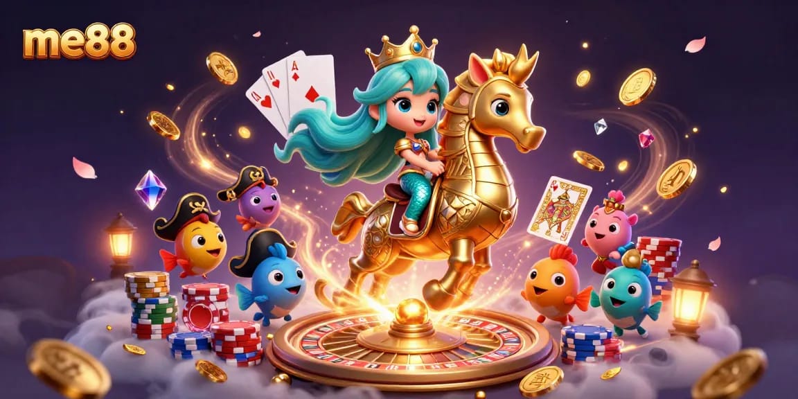 Experience thrilling wins at me88 with a vibrant 3D illustration showcasing a mermaid princess, seahorse, and colorful fish amidst casino elements.