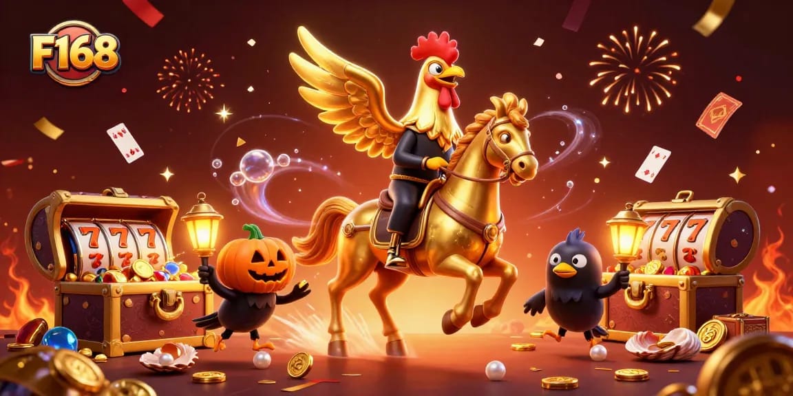 F168 players experience thrilling moments in a vibrant casino scene with golden rooster and festive elements.