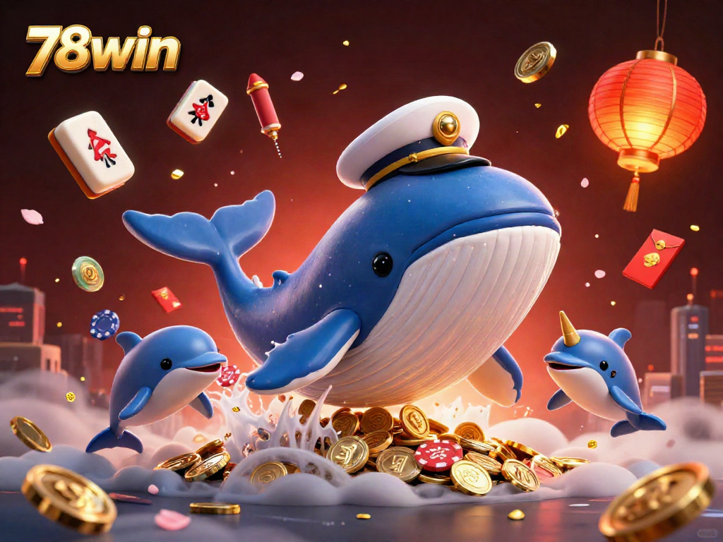 Engage with 78win, a vibrant 3D scene of a whale and friends celebrating casino wins.