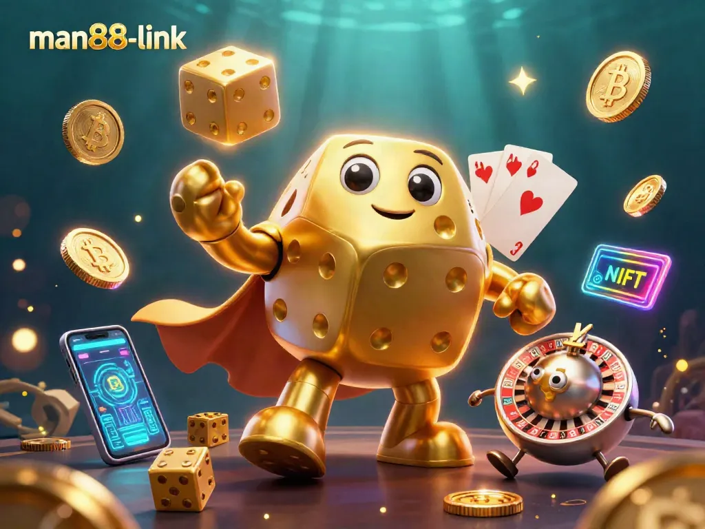 Experience the thrill of man88-link with dynamic golden dice and crypto elements in a vibrant casino scene.