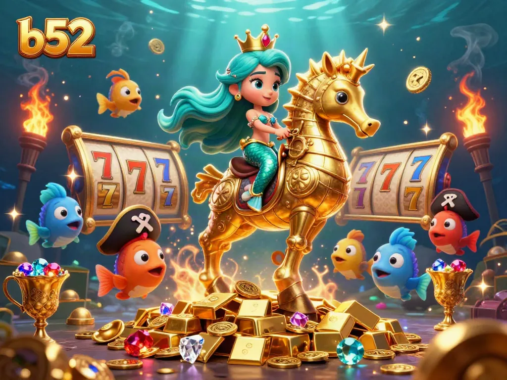 B52 casino celebrates with a mermaid princess and seahorse amid dazzling slot reels and treasure.