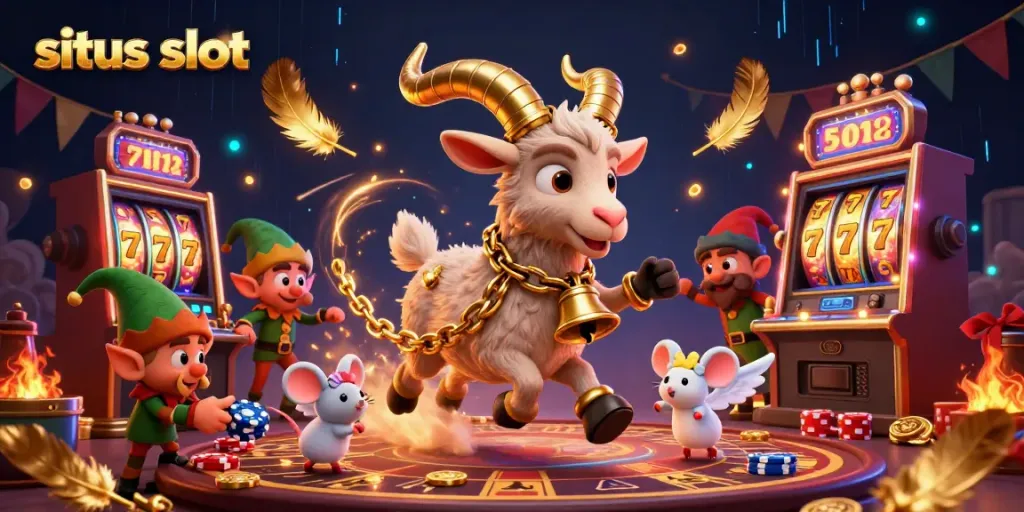 Situs slot scene showcasing a Krampus goat in a holiday casino, vibrant characters, and dynamic game elements.