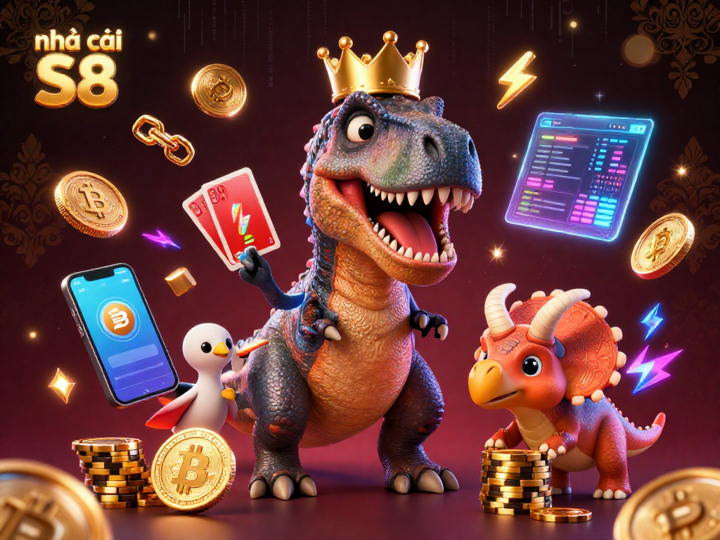 Experience the excitement of nhà cái S8 in this colorful 3D casino illustration with T-Rex and friends.