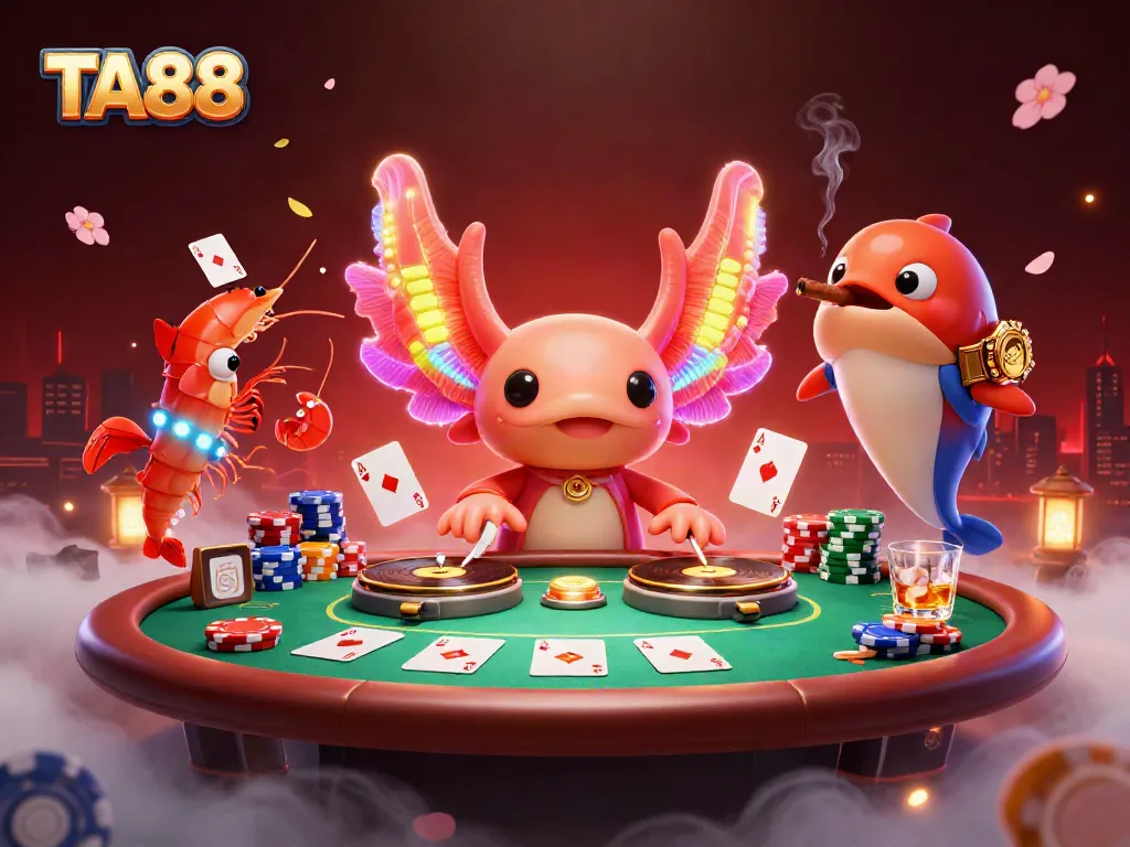 Join the vibrant 3D scene at TA88, with a DJ axolotl and dancing shrimp at a poker game.