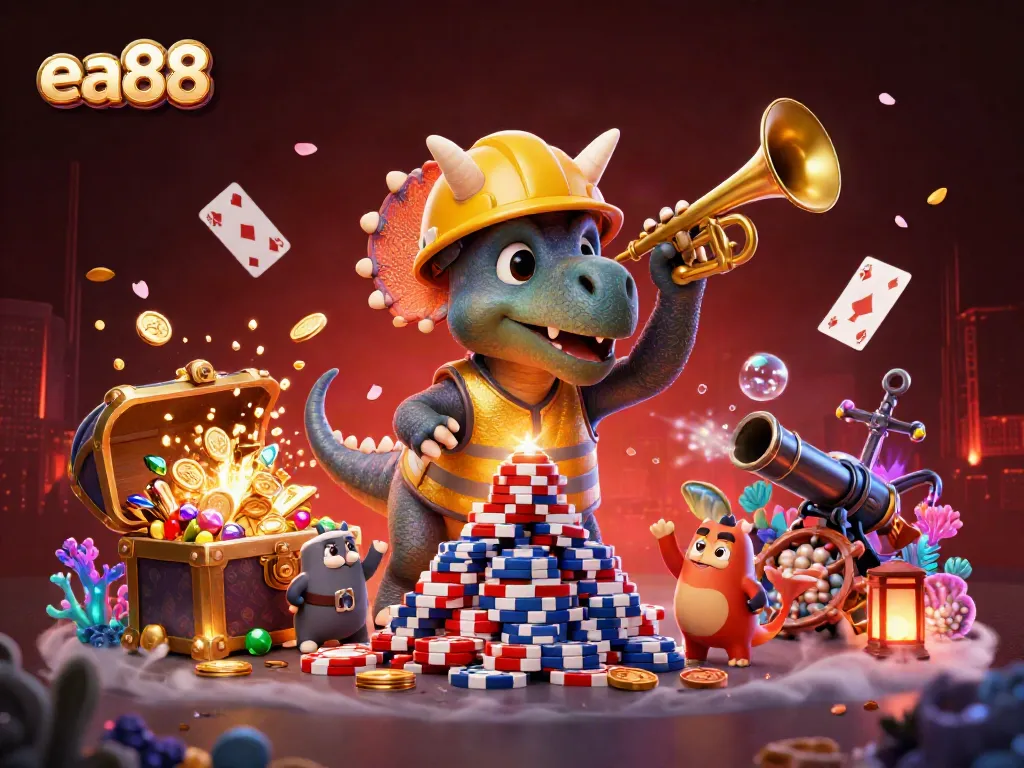 ea88's vibrant 3D celebration of casino gaming featuring a triceratops and parasaurolophus surrounded by poker chips.