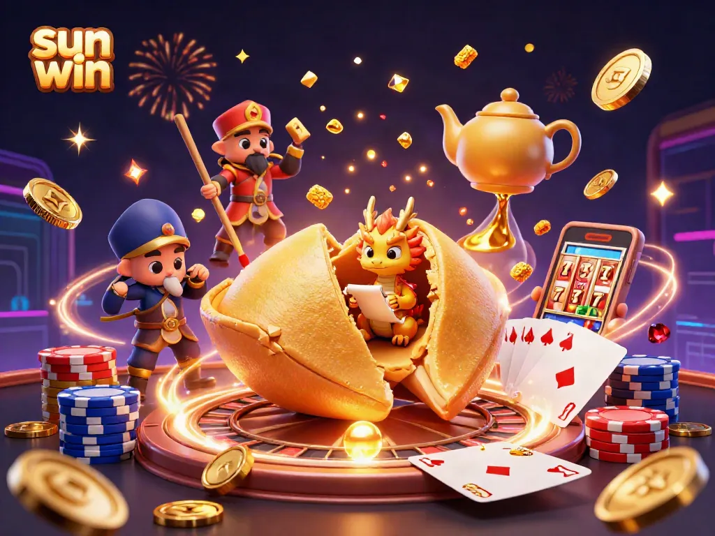 Experience the thrill of sun win with a vibrant 3D casino adventure filled with fortune cookies and treasures.