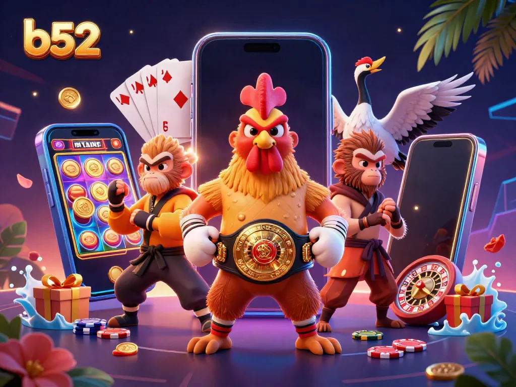Experience thrilling wins with b52 gaming, featuring colorful slots and vibrant casino characters.