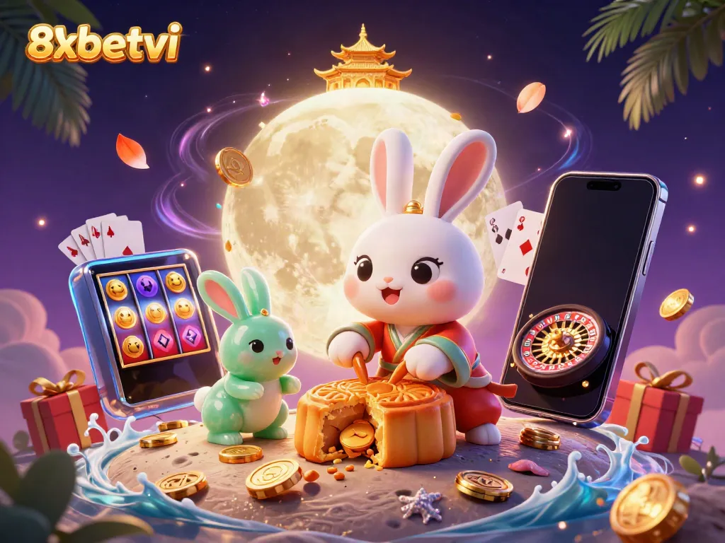Unlock winning potential at 8xbetvi with vibrant casino-themed illustration featuring luck and excitement.