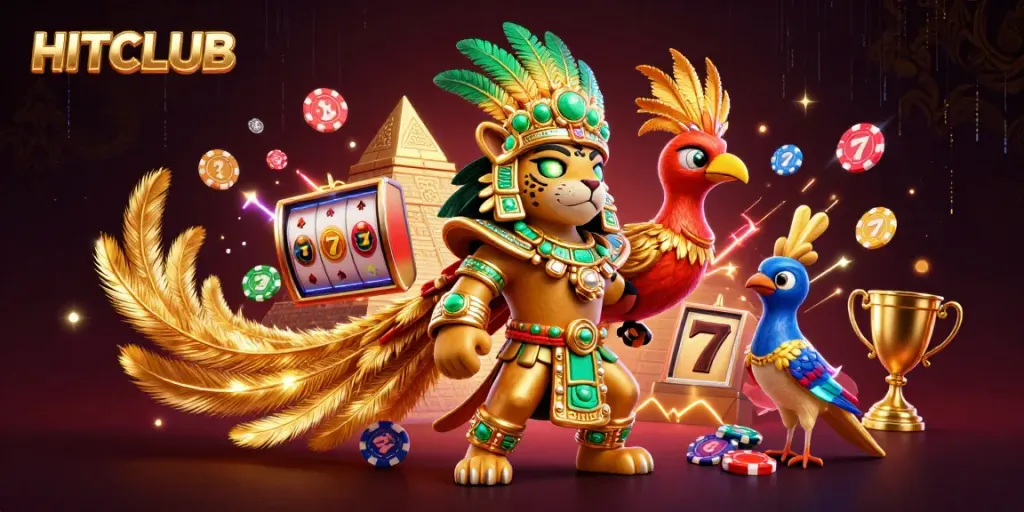 Experience HITCLUB's excitement with dynamic casino elements in a vibrant 3D illustration.