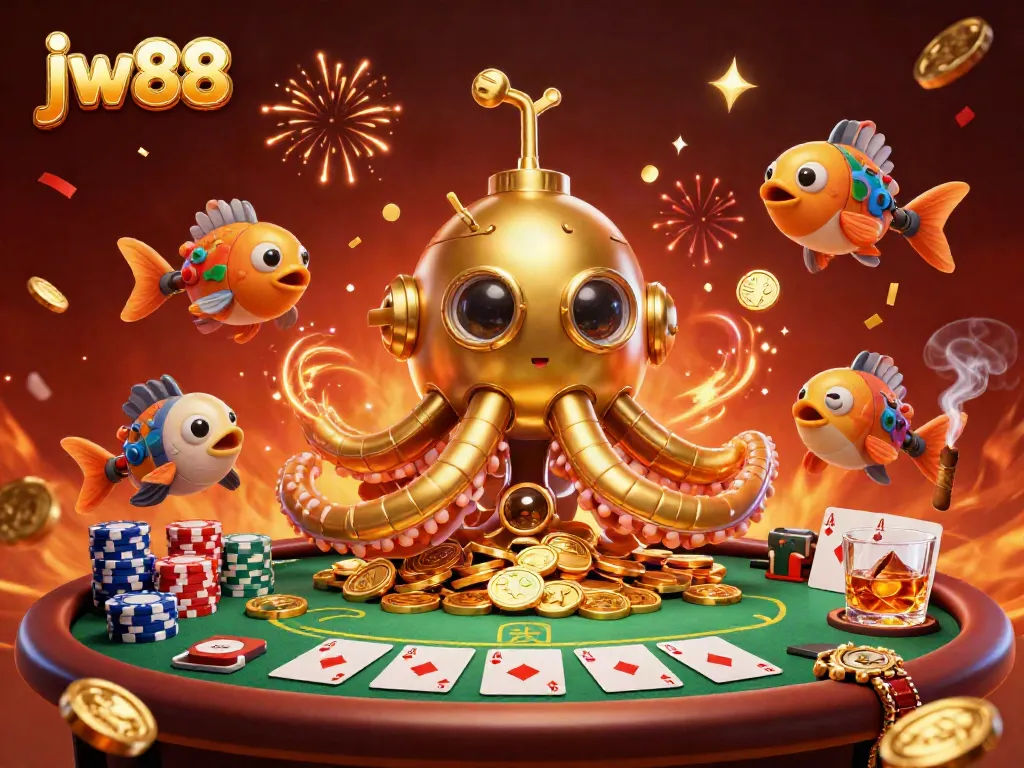 Engage in exciting gameplay with jw88, featuring a kraken submarine amidst poker elements and confetti.