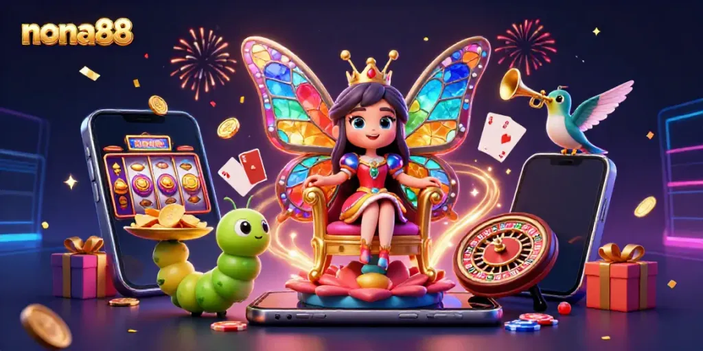 Engage with nona88's vibrant casino world through a stunning 3D illustration of gaming elements.