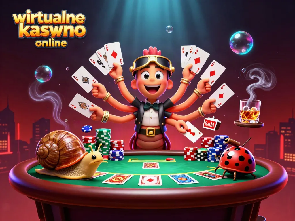 Engaging scene featuring wirtualne kasyno online with a millipede dealer, high roller snail, and excited pill bug at a bustling poker table.
