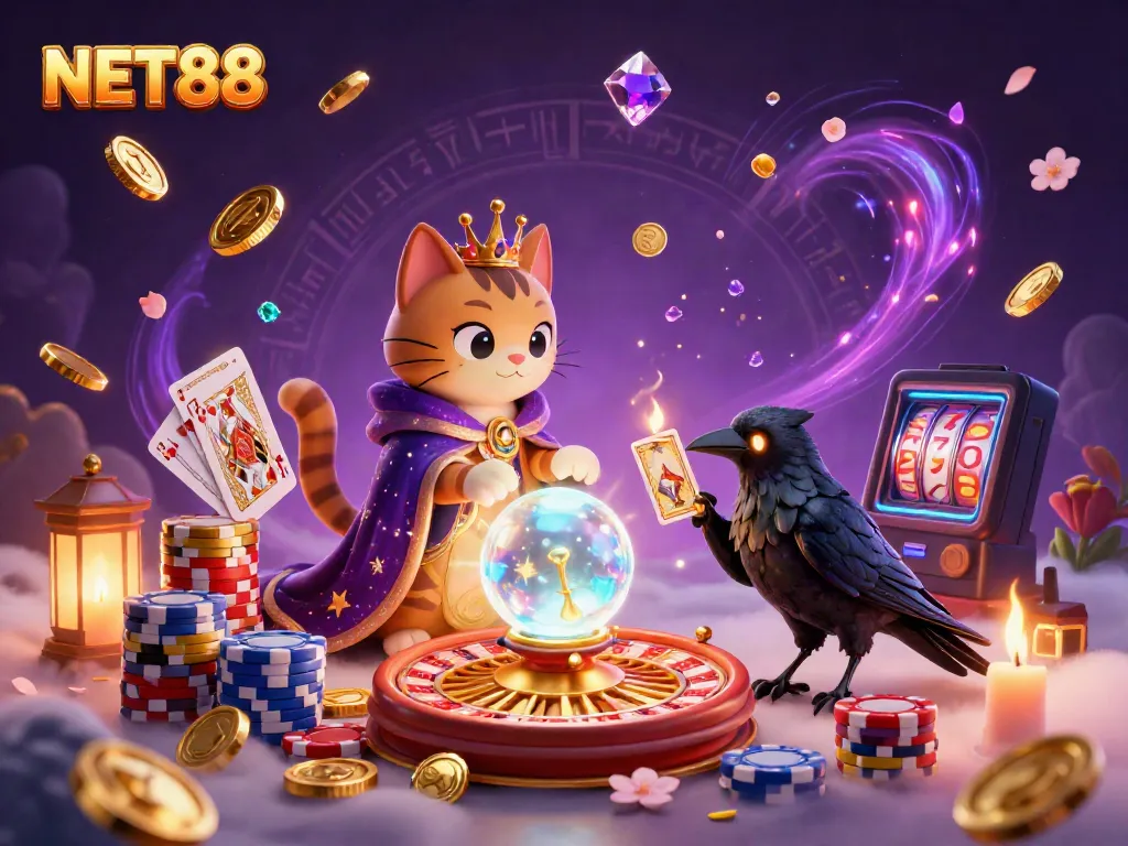 Experience the captivating magic of NET88 with a mystical scene highlighting casino elements and vibrant energy.