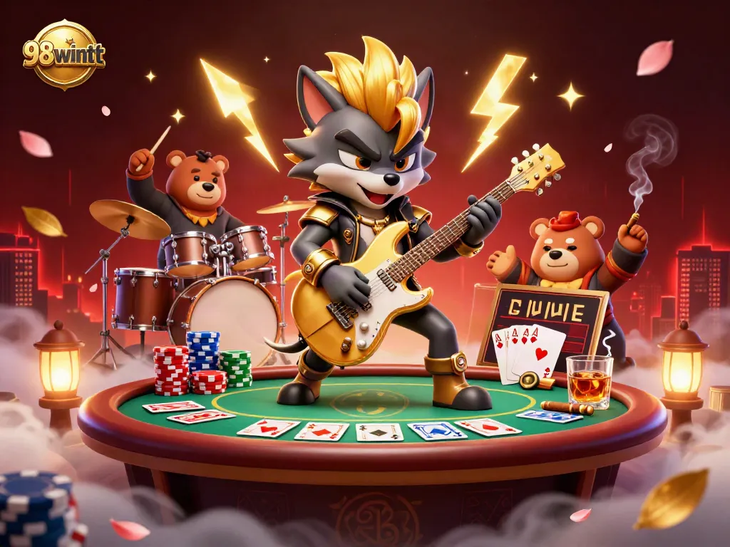 Engaging illustration showcasing a vibrant casino scene featuring 98wintt's characters and game elements in action.