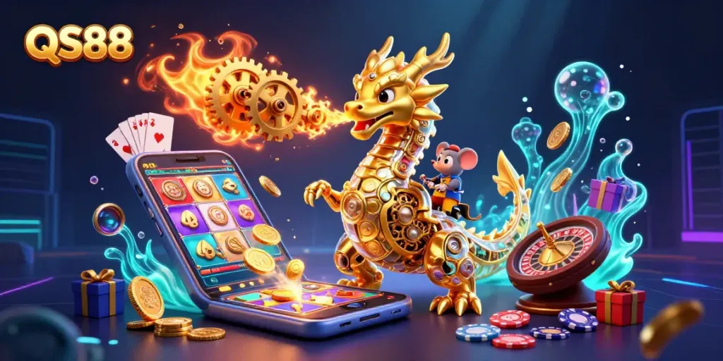 Experience thrilling gaming with QS88's vibrant casino scene featuring dynamic characters and rich visuals.