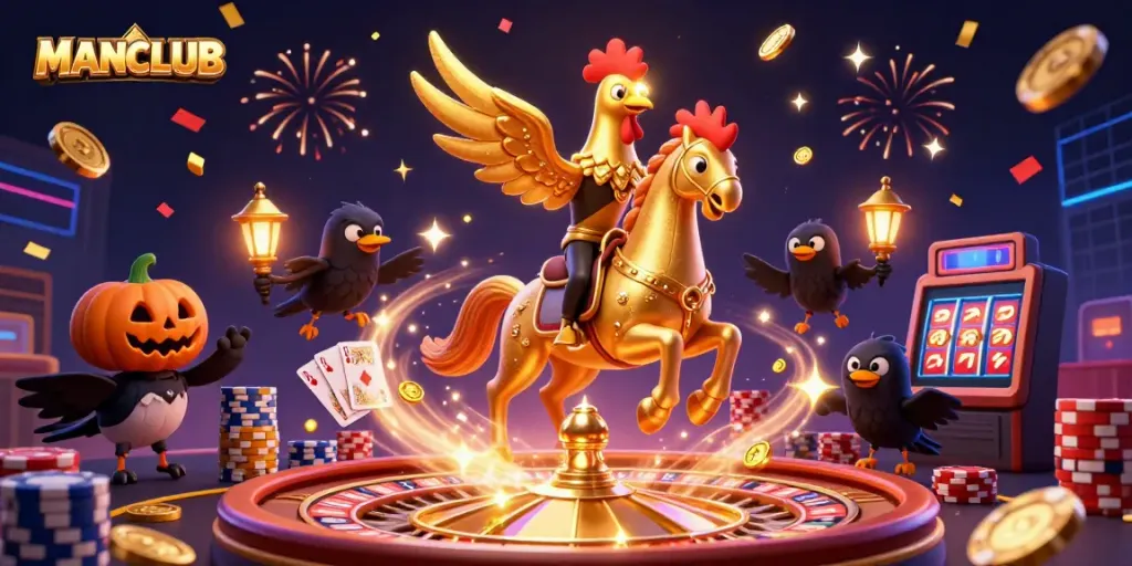 MANCLUB showcases a golden rooster in a casino, surrounded by vibrant game elements and festive energy.