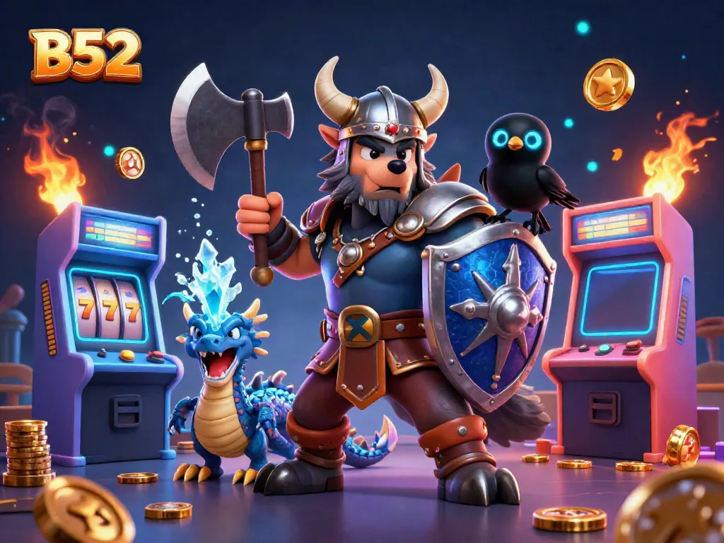 Engage with B52 gameplay featuring a Viking warrior, dragon, and arcade elements in a vibrant casino scene.