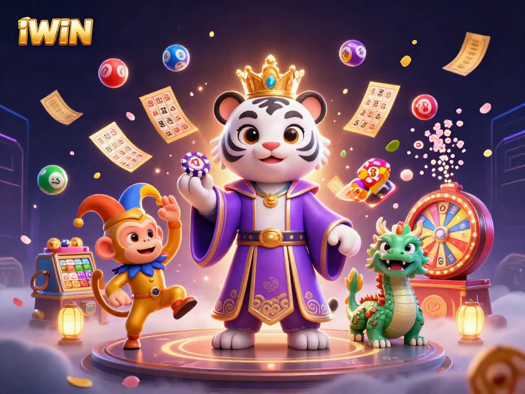 IWIN lively gambling scene featuring a royal tiger and jester monkey among vibrant game elements.