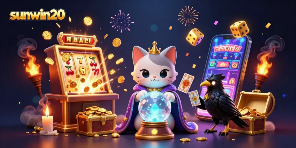 Experience thrilling wins with sunwin20 in this vibrant 3D casino adventure illustration.