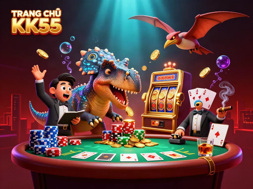 Experience winning at TRANG CHỦ KK55 with lively characters interacting amid a dynamic casino scene.