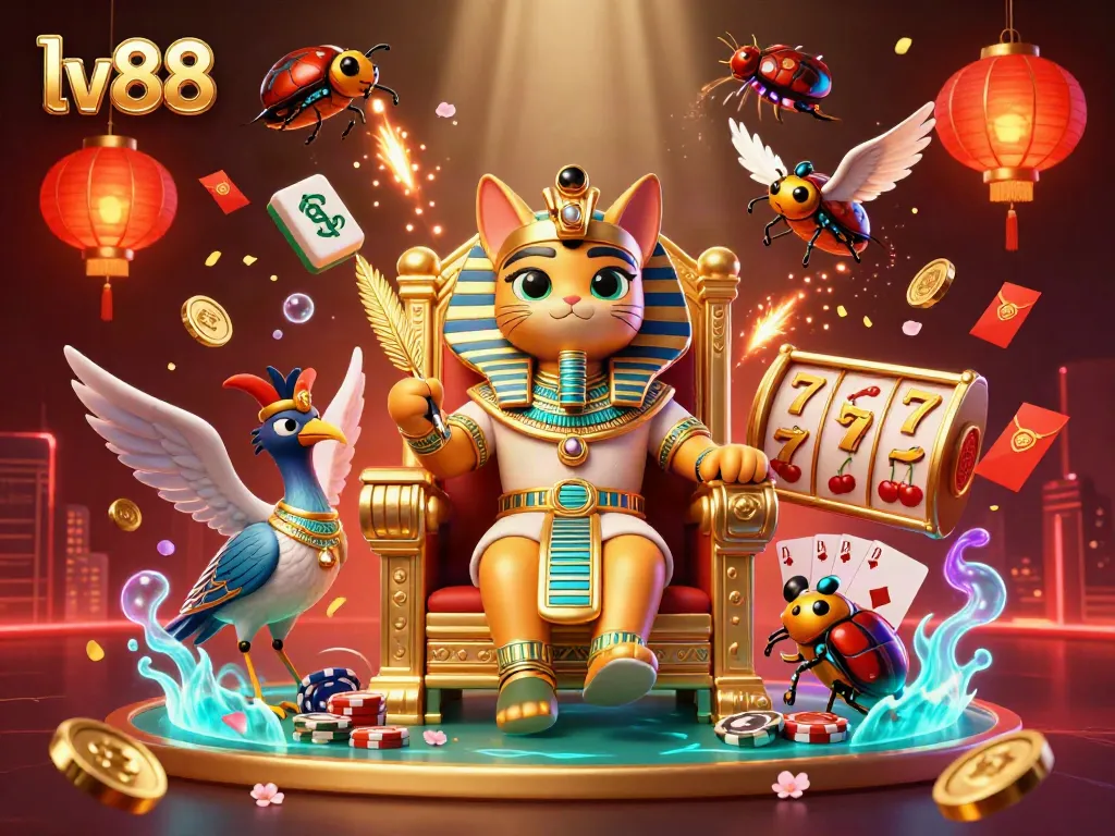 Engage with lv88's vibrant casino world featuring a unique Egyptian cat pharaoh and gaming elements.