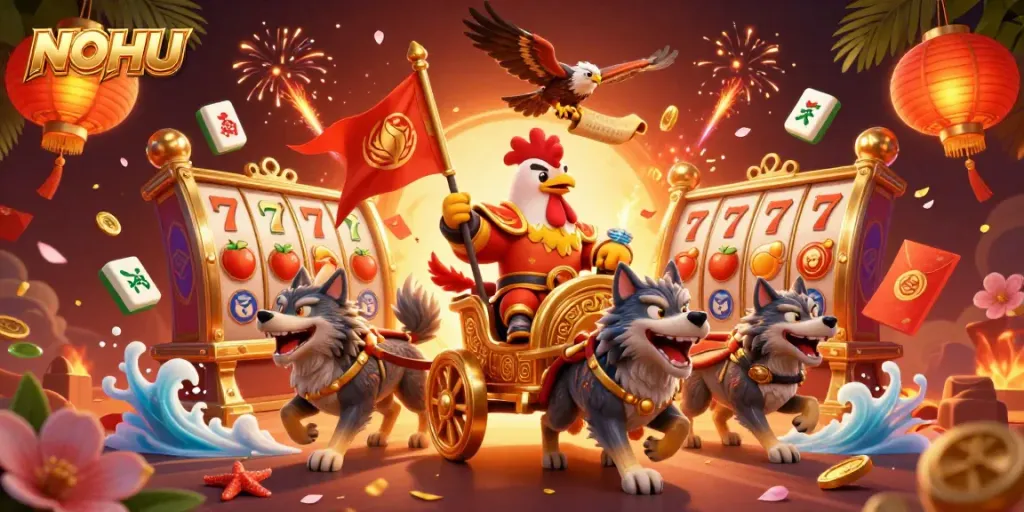 Experience thrilling gameplay with NOHU's exciting slot reels, golden jackpots, and vibrant casino elements.